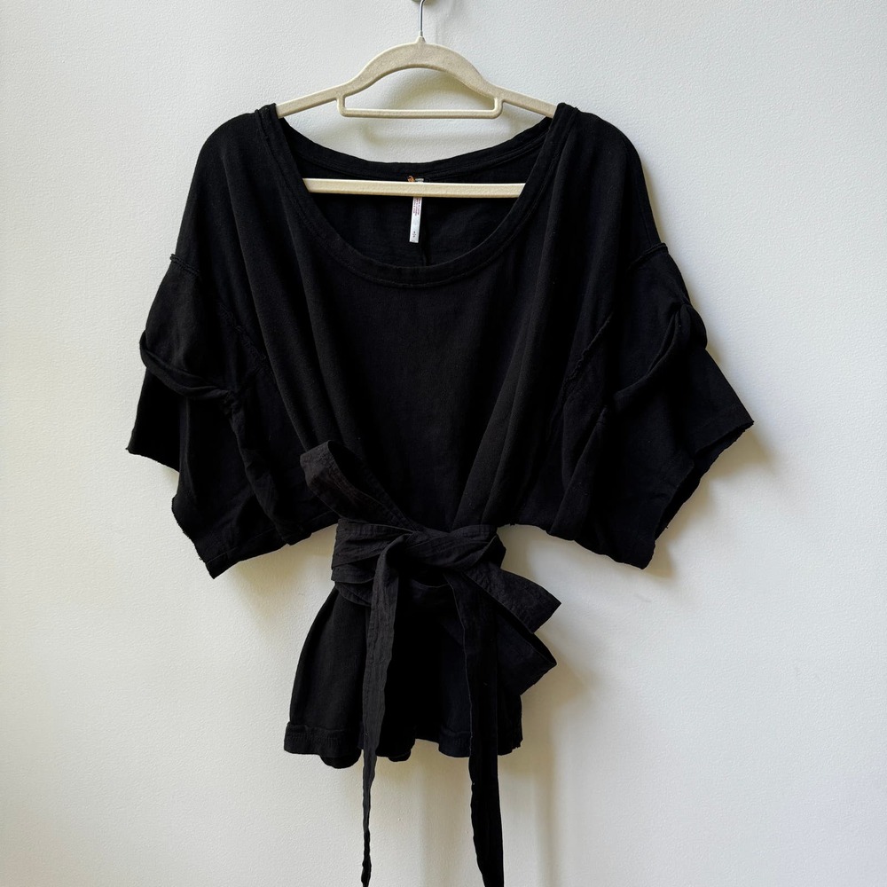 Free People Short-Sleeve Black Sweatshirt with Waist Tie SZ S